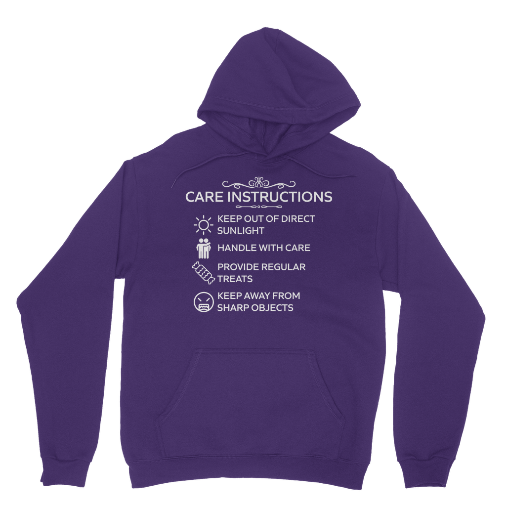 Care Instructions White Print Classic Hoodie | Funny Ethical Unisex Hoodie