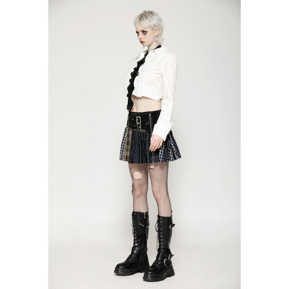 Dark in Love Sage Tartan Patchwork Leather-Waist Pleated Mini Skirt