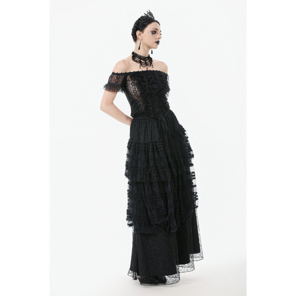 Dark in Love Morticia Gothic Velvet & Lace Skirt in Black