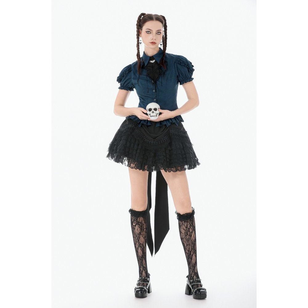 Dark in Love Gothic Academy Striped Puff-Sleeve Blouse