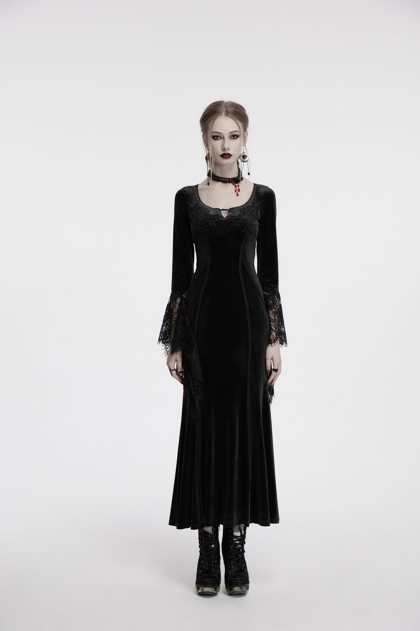 Punk Rave Isolde Velvet Lace Sleeve Dress In Black