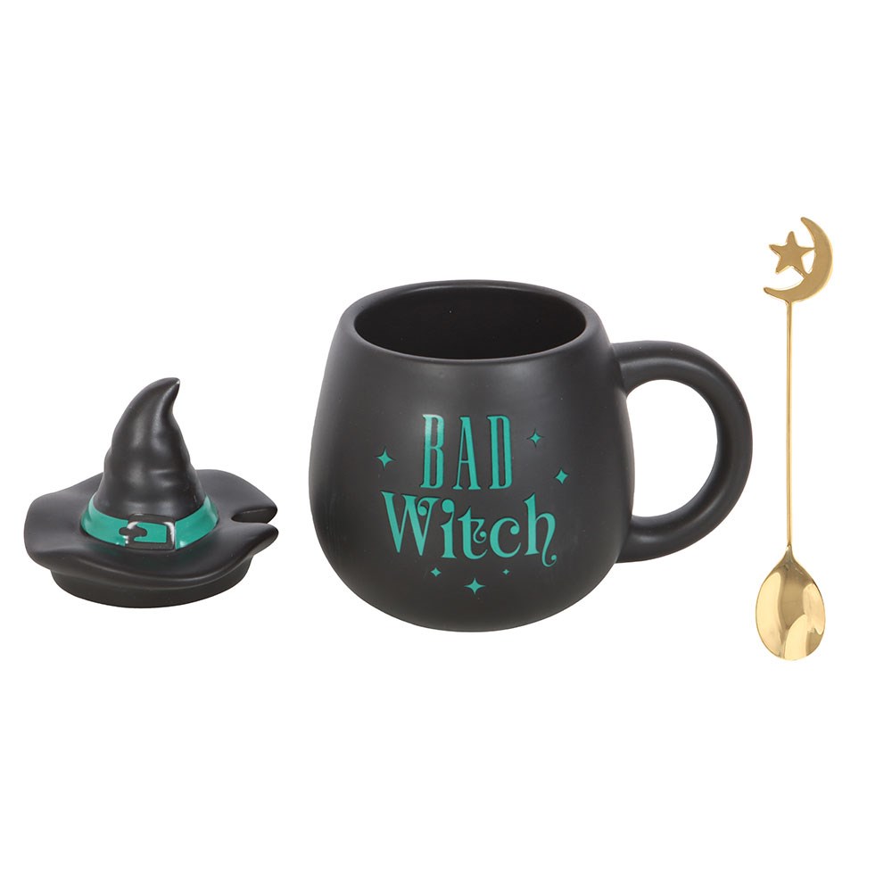Gothic Gifts  Bad Witch Cauldron Mug with Witch Hat Lid & Moon Spoon