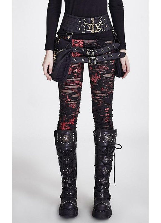 Punk Rave Gothalyptic Lara Leggings - Distressed Gothic Mesh Red Splatter Black