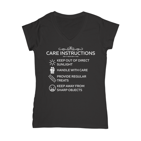 Care Instructions White Print V‑Neck T‑Shirt | Fitted Cotton Tee with Funny Graphic