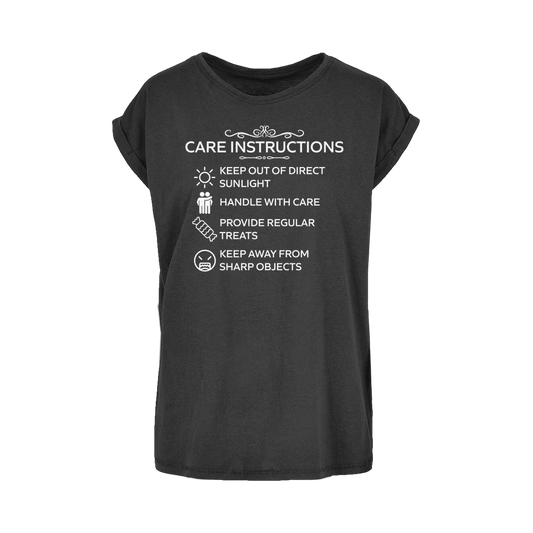 Care Instructions White Print Women's Extended Shoulder T-Shirt XS–5XL | Funny Loose Fit Tee