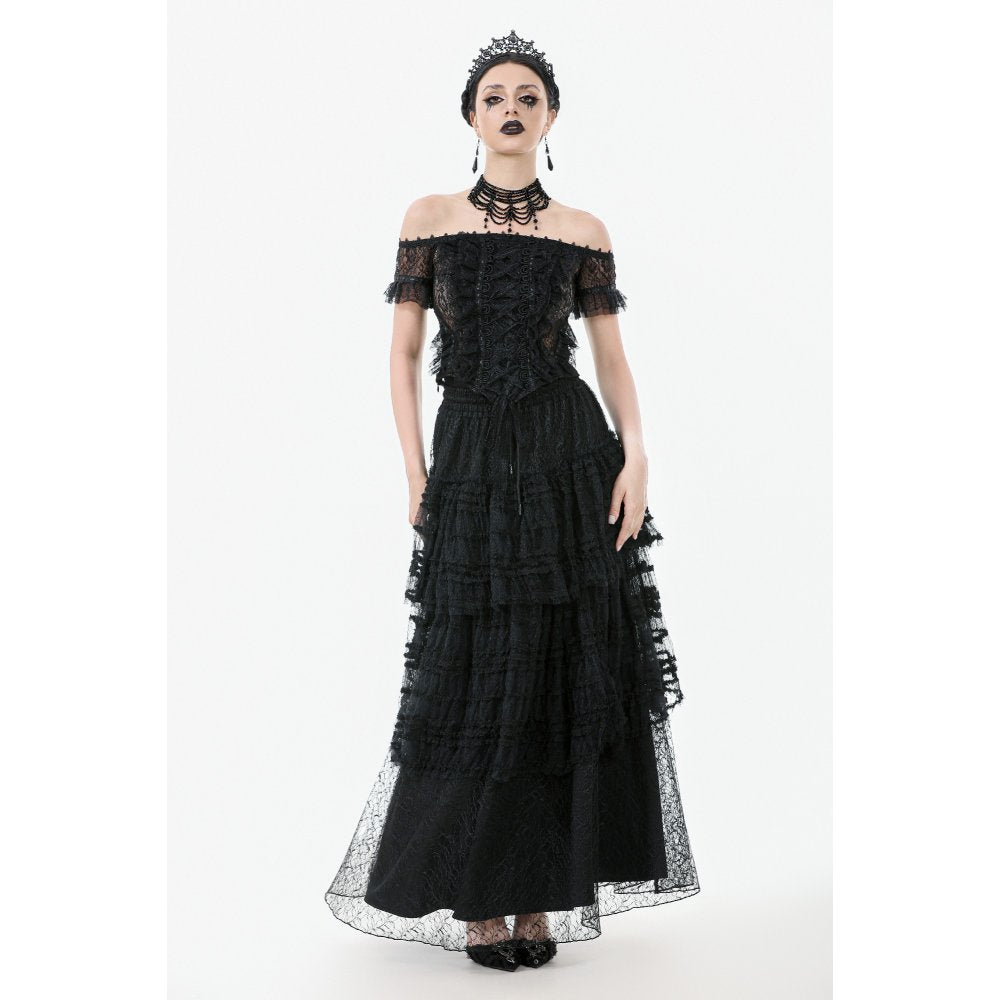 Dark in Love Morticia Gothic Velvet & Lace Skirt in Black
