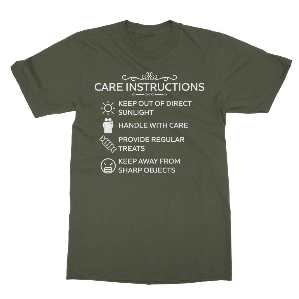 Care Instructions White Print Classic Heavy Cotton T‑Shirt | Funny Unisex Tee 185gsm